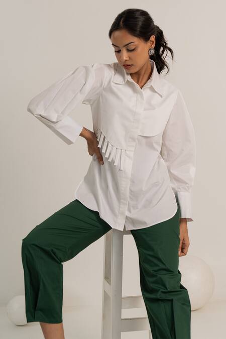 Shop_Kritika Madan Label_White Cotton Plain Collared Asymmetric Panel Shirt And Pant Set_Online_at_Aza_Fashions
