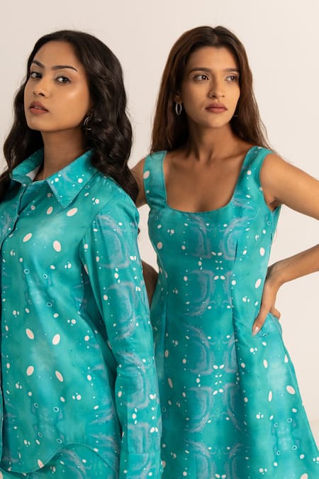 Kritika Madan Label_Green Dupion Silk Printed Abstract Collared Shirt And Pant Set_Online_at_Aza_Fashions