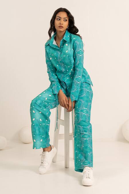 Kritika Madan Label_Green Dupion Silk Printed Abstract Collared Shirt And Pant Set_at_Aza_Fashions