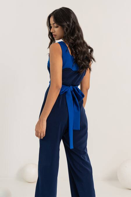 Buy_Kritika Madan Label_Blue Crepe Square Notched Asymmetric Neckline Jumpsuit With Belt_Online_at_Aza_Fashions