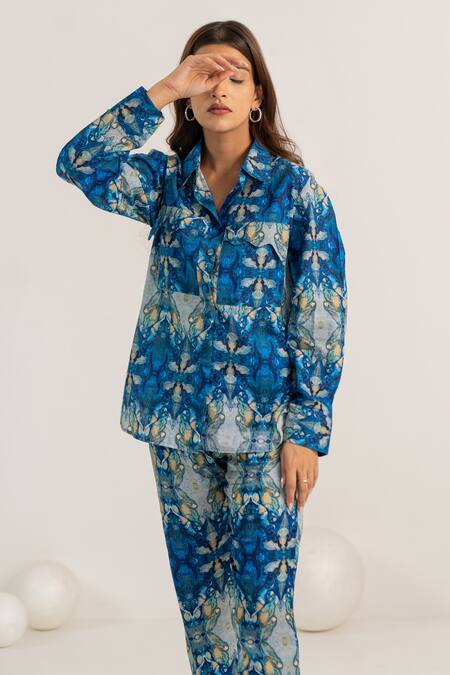 Buy Kritika Madan Label Blue Cotton Printed Abstract Collared Shirt And Pant Set Online at Aza Fashions Buy_Kritika Madan Label_Blue Cotton Printed Abstract Collared Shirt And Pant Set_Online_at_Aza_Fashions