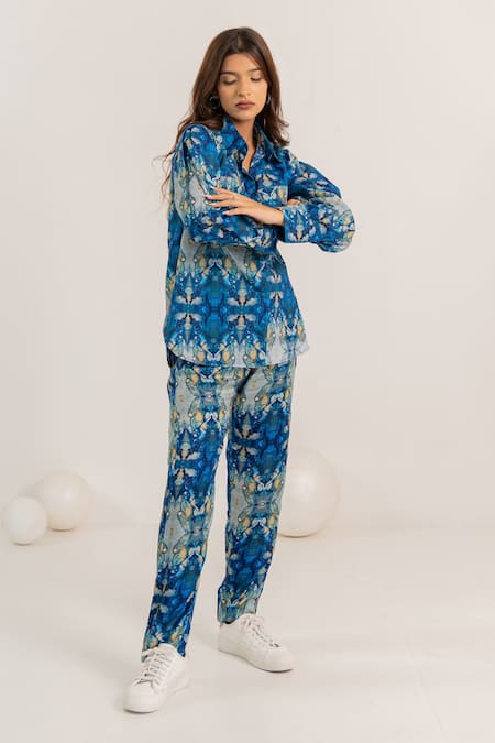 Shop Kritika Madan Label Blue Cotton Printed Abstract Collared Shirt And Pant Set Online at Aza Fashions Shop_Kritika Madan Label_Blue Cotton Printed Abstract Collared Shirt And Pant Set_Online_at_Aza_Fashions