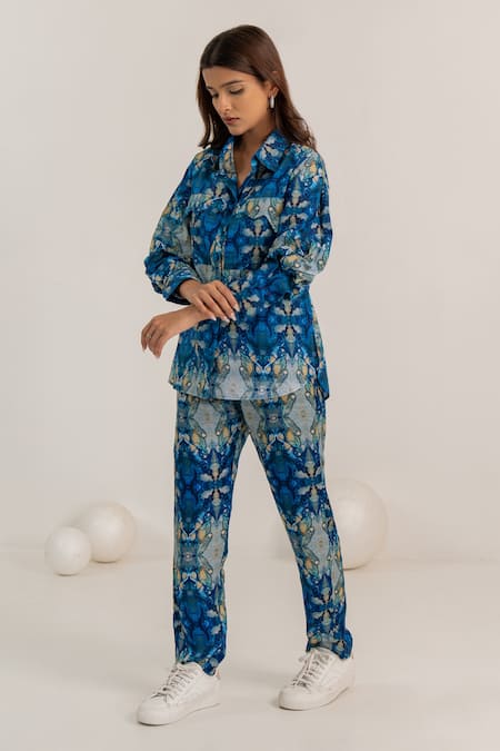 Kritika Madan Label Blue Cotton Printed Abstract Collared Shirt And Pant Set at Aza Fashions Kritika Madan Label_Blue Cotton Printed Abstract Collared Shirt And Pant Set_at_Aza_Fashions