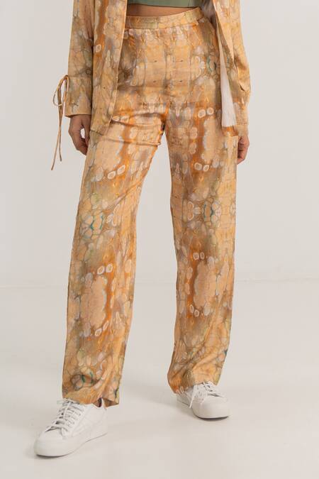 Kritika Madan Label Beige Modal Satin Printed Abstract Collared Shirt Pant Set Online at Aza Fashions Kritika Madan Label_Beige Modal Satin Printed Abstract Collared Shirt Pant Set_Online_at_Aza_Fashions