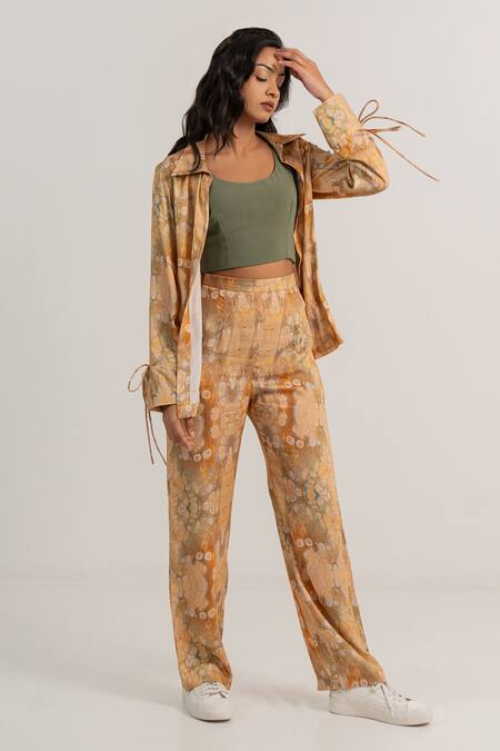 Buy Kritika Madan Label Beige Modal Satin Printed Abstract Collared Shirt Pant Set Online at Aza Fashions Buy_Kritika Madan Label_Beige Modal Satin Printed Abstract Collared Shirt Pant Set_Online_at_Aza_Fashions