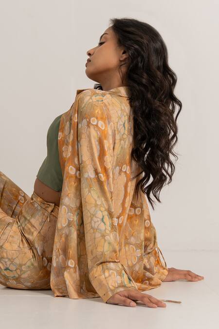 Shop Kritika Madan Label Beige Modal Satin Printed Abstract Collared Shirt Pant Set Online at Aza Fashions Shop_Kritika Madan Label_Beige Modal Satin Printed Abstract Collared Shirt Pant Set_Online_at_Aza_Fashions