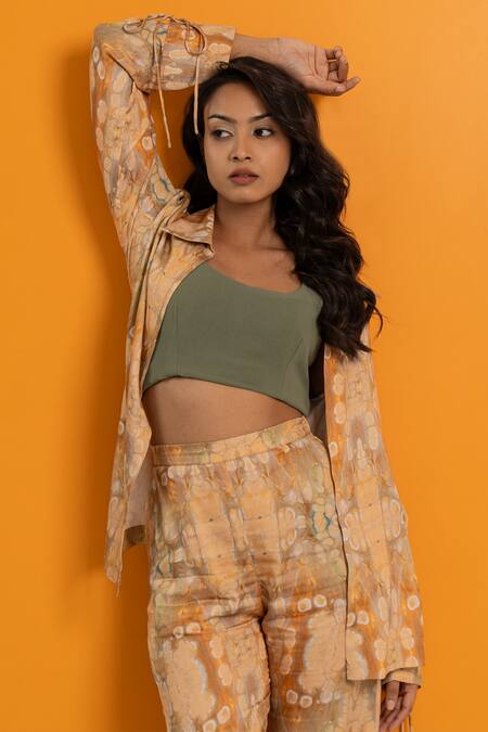 Kritika Madan Label Beige Modal Satin Printed Abstract Collared Shirt Pant Set at Aza Fashions Kritika Madan Label_Beige Modal Satin Printed Abstract Collared Shirt Pant Set_at_Aza_Fashions