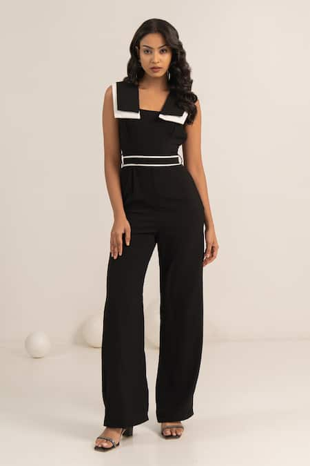 Kritika Madan Label Black Crepe Plain Double Collared Jumpsuit With Belt 