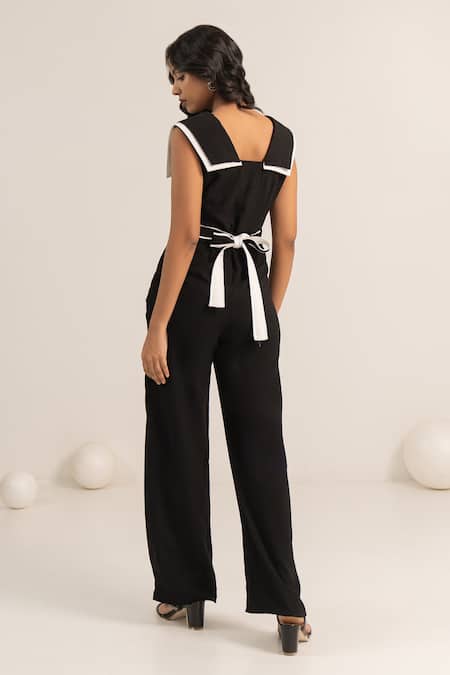 Shop Kritika Madan Label Black Crepe Plain Double Collared Jumpsuit With Belt at Aza Fashions Shop_Kritika Madan Label_Black Crepe Plain Double Collared Jumpsuit With Belt_at_Aza_Fashions