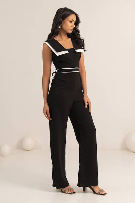 Kritika Madan Label Black Crepe Plain Double Collared Jumpsuit With Belt Online at Aza Fashions Kritika Madan Label_Black Crepe Plain Double Collared Jumpsuit With Belt_Online_at_Aza_Fashions