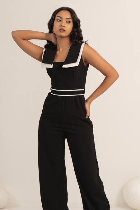 Buy Kritika Madan Label Black Crepe Plain Double Collared Jumpsuit With Belt Online at Aza Fashions Buy_Kritika Madan Label_Black Crepe Plain Double Collared Jumpsuit With Belt_Online_at_Aza_Fashions