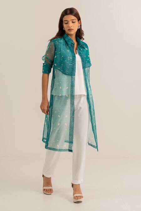 Shop_Kritika Madan Label_White Crepe Printed Abstract Collared Organza Jacket Pant Set_at_Aza_Fashions