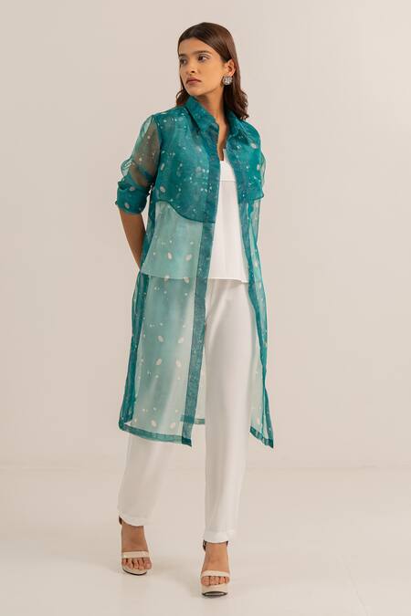 Kritika Madan Label_White Crepe Printed Abstract Collared Organza Jacket Pant Set_Online_at_Aza_Fashions