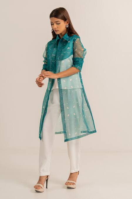 Buy_Kritika Madan Label_White Crepe Printed Abstract Collared Organza Jacket Pant Set_Online_at_Aza_Fashions