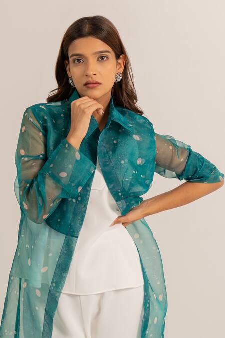 Shop_Kritika Madan Label_White Crepe Printed Abstract Collared Organza Jacket Pant Set_Online_at_Aza_Fashions