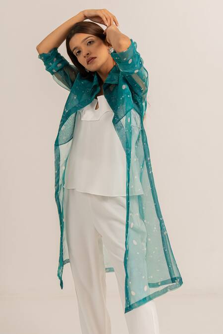 Kritika Madan Label_White Crepe Printed Abstract Collared Organza Jacket Pant Set_at_Aza_Fashions