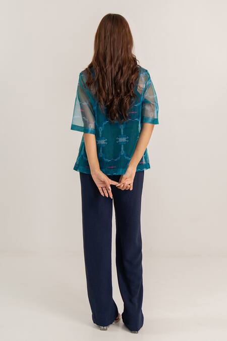 Shop_Kritika Madan Label_Blue Crepe Printed Abstract Collared Organza Shirt Pant Set_at_Aza_Fashions