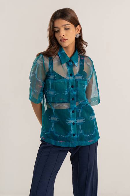 Kritika Madan Label_Blue Crepe Printed Abstract Collared Organza Shirt Pant Set_at_Aza_Fashions