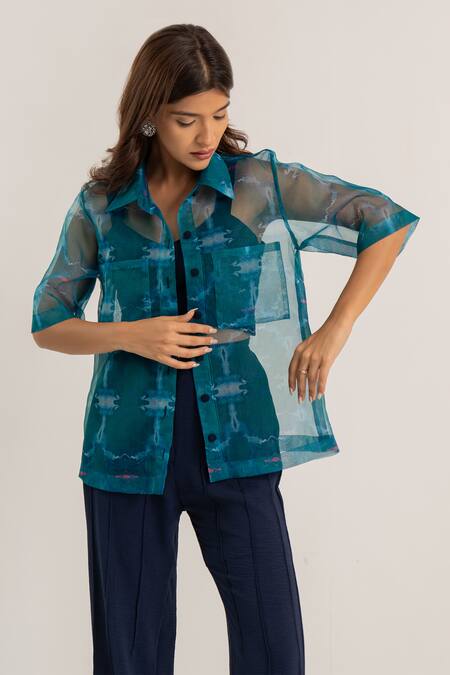 Buy_Kritika Madan Label_Blue Crepe Printed Abstract Collared Organza Shirt Pant Set