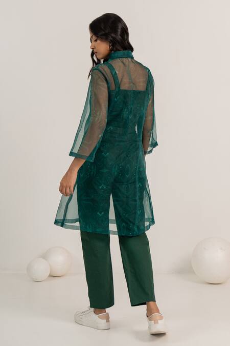 Shop Kritika Madan Label Green Cotton Printed Abstract Collared Long Shirt Pant Set at Aza Fashions Shop_Kritika Madan Label_Green Cotton Printed Abstract Collared Long Shirt Pant Set_at_Aza_Fashions