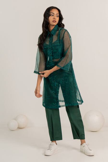 Shop Kritika Madan Label Green Cotton Printed Abstract Collared Long Shirt Pant Set Online at Aza Fashions Shop_Kritika Madan Label_Green Cotton Printed Abstract Collared Long Shirt Pant Set_Online_at_Aza_Fashions