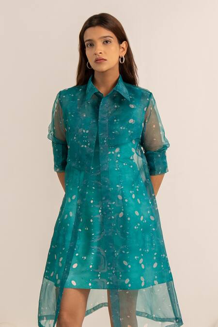 Kritika Madan Label Green Dupion Silk Printed Abstract Collared Short Dress With Jacket Online at Aza Fashions Kritika Madan Label_Green Dupion Silk Printed Abstract Collared Short Dress With Jacket_Online_at_Aza_Fashions