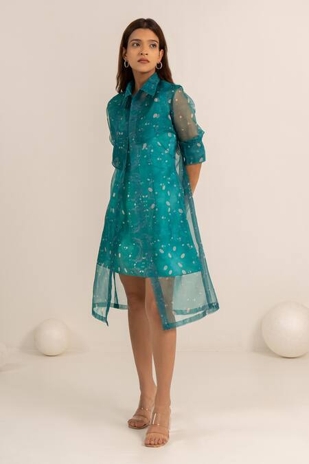 Buy Kritika Madan Label Green Dupion Silk Printed Abstract Collared Short Dress With Jacket Online at Aza Fashions Buy_Kritika Madan Label_Green Dupion Silk Printed Abstract Collared Short Dress With Jacket_Online_at_Aza_Fashions