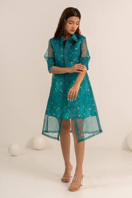 Shop Kritika Madan Label Green Dupion Silk Printed Abstract Collared Short Dress With Jacket Online at Aza Fashions Shop_Kritika Madan Label_Green Dupion Silk Printed Abstract Collared Short Dress With Jacket_Online_at_Aza_Fashions