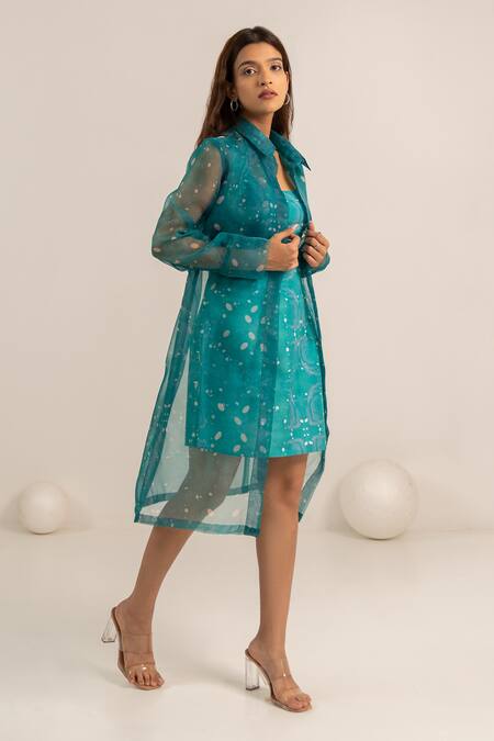 Kritika Madan Label Green Dupion Silk Printed Abstract Collared Short Dress With Jacket at Aza Fashions Kritika Madan Label_Green Dupion Silk Printed Abstract Collared Short Dress With Jacket_at_Aza_Fashions