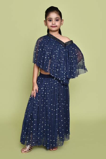 Petite Pomme_Blue Net Navy Polka Dot Top And Skirt Set_Online_at_Aza_Fashions