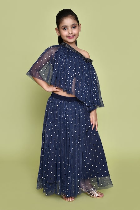 Buy_Petite Pomme_Blue Net Navy Polka Dot Top And Skirt Set_Online_at_Aza_Fashions