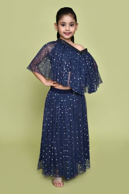 Shop_Petite Pomme_Blue Net Navy Polka Dot Top And Skirt Set_Online_at_Aza_Fashions