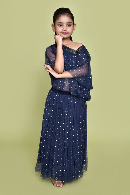 Petite Pomme_Blue Net Navy Polka Dot Top And Skirt Set_at_Aza_Fashions