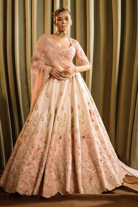 Pallavi Poddar Pink Raw Silk Embroidered Bead Ambir Paisley Thread Ombre Bridal Lehenga Set