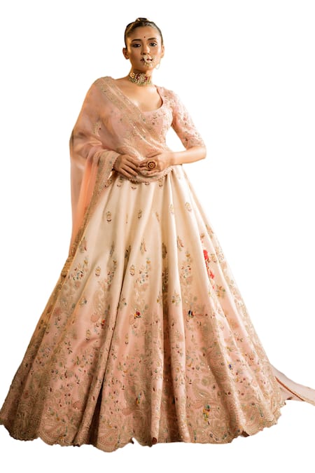 Buy_Pallavi Poddar_Pink Silk, Organza Sequins, Ambir Paisley Thread Ombre Bridal Lehenga Set _Online_at_Aza_Fashions