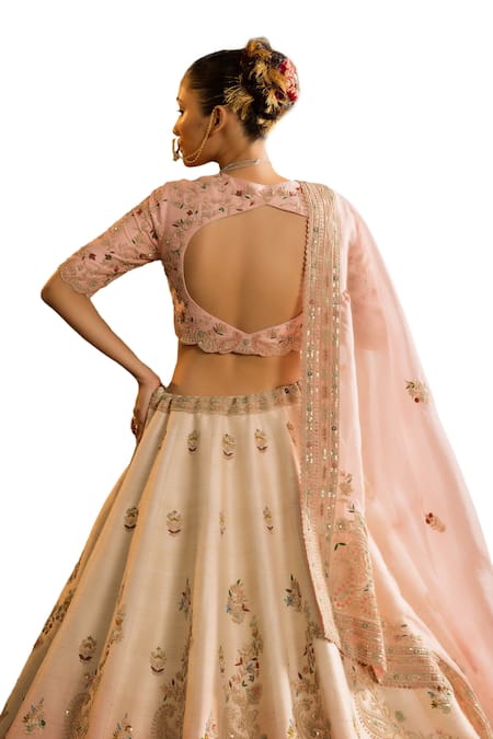 Buy_Pallavi Poddar_Pink Silk, Organza Sequins, Ambir Paisley Thread Ombre Bridal Lehenga Set 