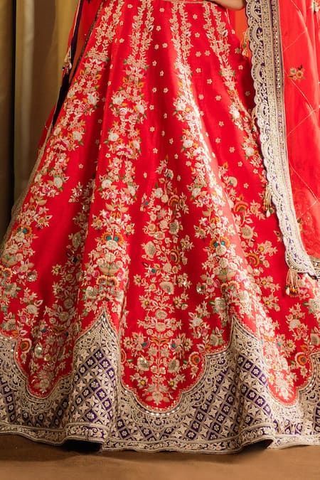 Buy_Pallavi Poddar_Red Organza, Silk Beads, Bindu Zardozi Floral Embroidered Bridal Lehenga Set _Online_at_Aza_Fashions
