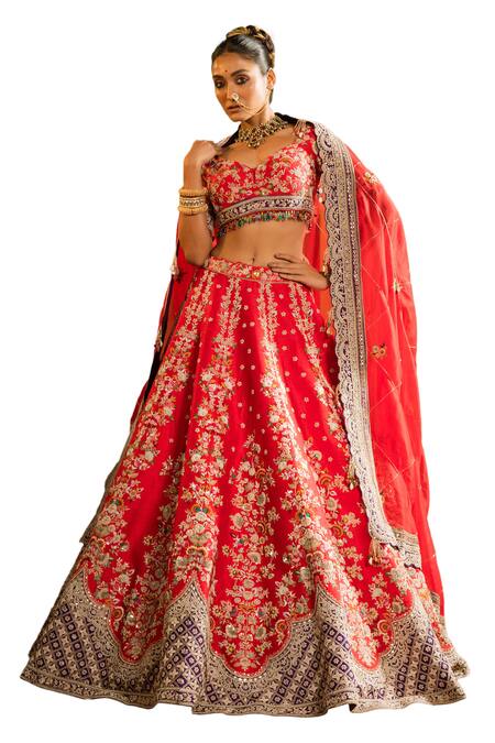 Shop_Pallavi Poddar_Red Organza, Silk Beads, Bindu Zardozi Floral Embroidered Bridal Lehenga Set _Online_at_Aza_Fashions