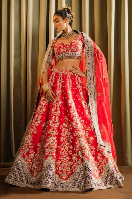 Pallavi Poddar_Red Organza, Silk Beads, Bindu Zardozi Floral Embroidered Bridal Lehenga Set _at_Aza_Fashions