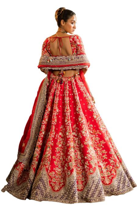Buy_Pallavi Poddar_Red Organza, Silk Beads, Bindu Zardozi Floral Embroidered Bridal Lehenga Set 