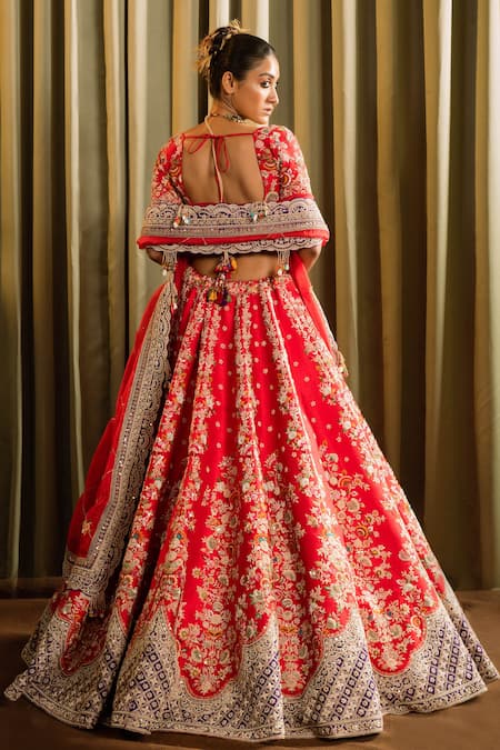 Pallavi Poddar_Red Organza, Silk Beads, Bindu Zardozi Floral Embroidered Bridal Lehenga Set _Online_at_Aza_Fashions