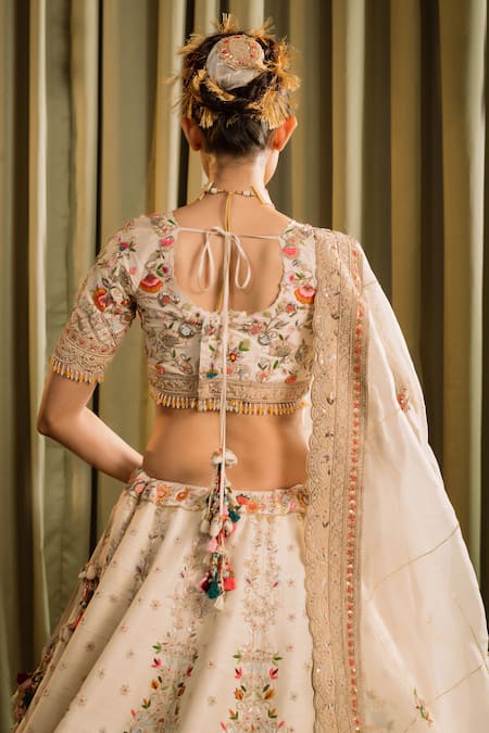 Pallavi Poddar_Ivory Organza, Silk Sequins, Bindu Floral Zardozi Embroidered Bridal Lehenga Set _Online_at_Aza_Fashions