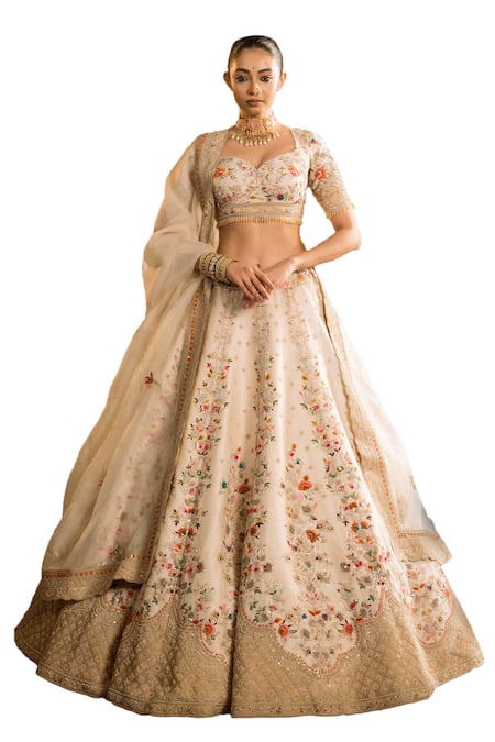 Buy_Pallavi Poddar_Ivory Organza, Silk Sequins, Bindu Floral Zardozi Embroidered Bridal Lehenga Set _Online_at_Aza_Fashions