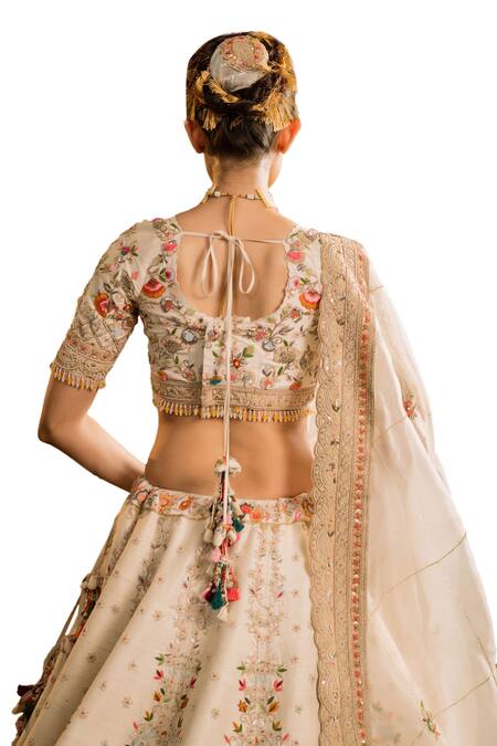 Buy_Pallavi Poddar_Ivory Organza, Silk Sequins, Bindu Floral Zardozi Embroidered Bridal Lehenga Set 
