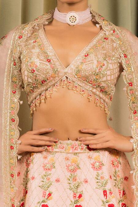 Shop Pallavi Poddar Pink Silk, Organza Sequins, Beads Floral Jaal Embellished Bridal Lehenga Set Online at Aza Fashions Shop_Pallavi Poddar_Pink Silk, Organza Sequins, Beads Floral Jaal Embellished Bridal Lehenga Set _Online_at_Aza_Fashions