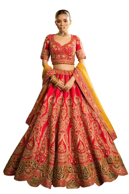 Buy_Pallavi Poddar_Red Silk, Tissue Dehradun Zardozi Paisley Embroidered Bridal Lehenga Set _Online_at_Aza_Fashions