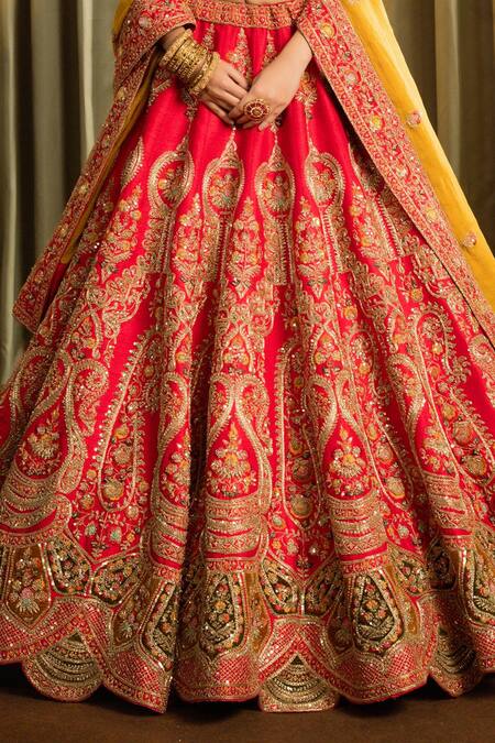 Shop_Pallavi Poddar_Red Silk, Tissue Dehradun Zardozi Paisley Embroidered Bridal Lehenga Set _Online_at_Aza_Fashions