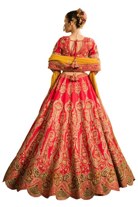 Buy_Pallavi Poddar_Red Silk, Tissue Dehradun Zardozi Paisley Embroidered Bridal Lehenga Set 