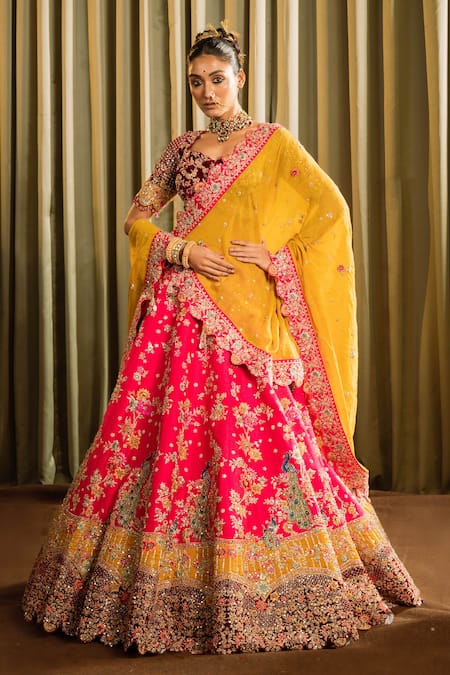 Pallavi Poddar Pink Raw Silk Embroidered Bead Double Mor Embellished Bridal Lehenga Set