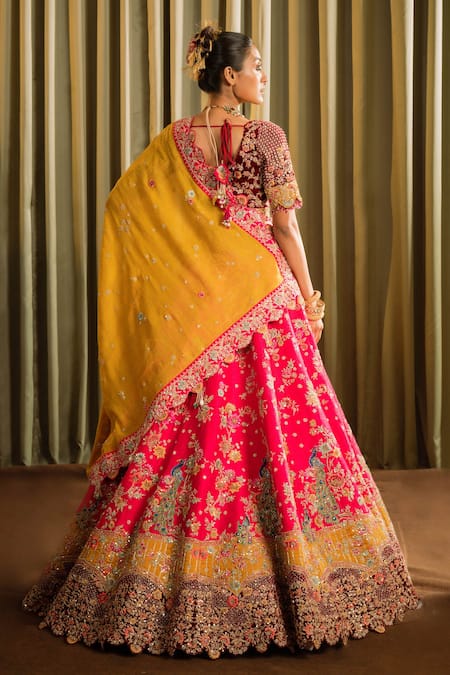 Pallavi Poddar_Pink Velvet, Tissue, Silk Sequins, Double Mor Embellished Bridal Lehenga Set _Online_at_Aza_Fashions